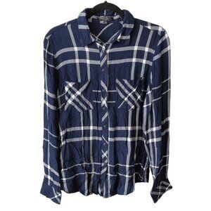 Romeo + Juliet Couture Navy Gray Plaid Collared Long Sleeve Top Large